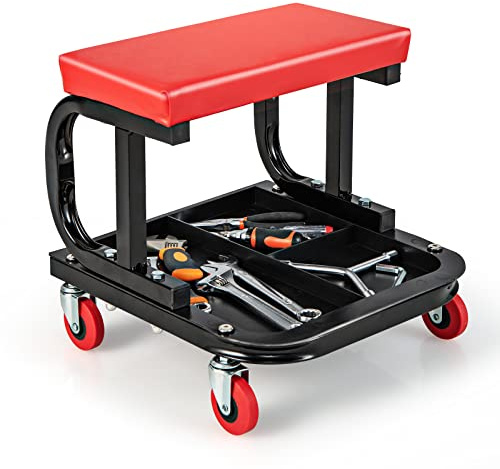 Mechaniker-Hocker mit Werkzeugablage, 150 kg Kapazität, robuster Garagen-Werkstattstuhl mit 4 Rollen, weich gepolstertes Design