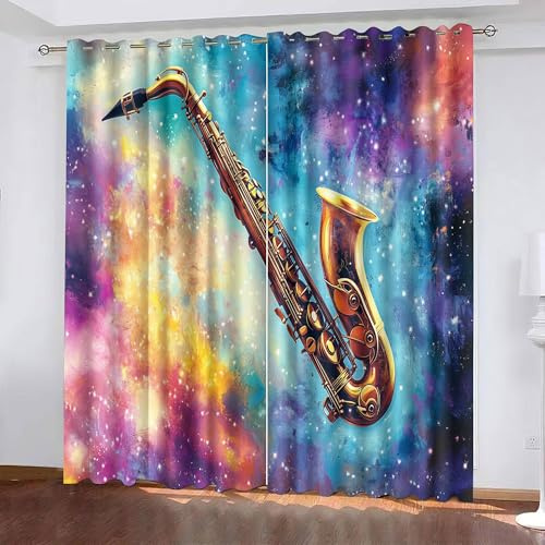 Sternenhimmel Saxophon Verdunkelungsvorhang B70 x H160 CM, Künstlerischer Stil Schlafzimmer Blickdicht Vorhang, Wohnzimmer Wärmeisolierung UV Schutz Maschinenwaschbar Vorhänge Mit Ösen 2er Sets
