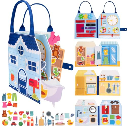 Jololino Busy Book for Toddlers - Montessori Sensory Toys for Boys & Girls Preschool Learning, 8-Page Felt Quiet Activity Board for Fine Motor Skills, Travel Toys for Airplane Car Games (House Theme)