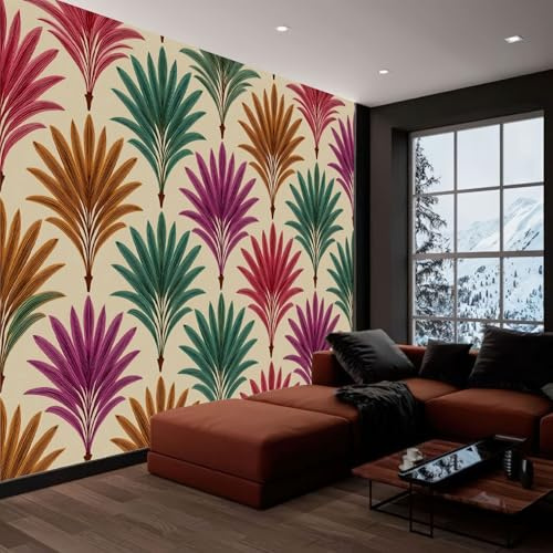 Papel pintado panorámico plantas rayas hojas de palma, foto mural moderna 400An x 280Al cm - Papel pintado decoración hogar estilo tropical para salón habitación habitación infantil oficina