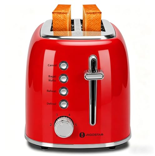 Aigostar Tostadora Retro, 2 Ranuras Corta Extra Anchas de 4 cm, Programa Especial Bagels, Descongelar, Recalentar y Cancelar, 6 Niveles de Tostado, Diseño Vintage en Rojo, Acero Inoxidable, 800 W