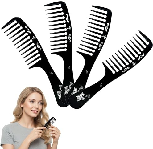 Pack of 4 Wide Tooth Hair Combs, Detangling Anti-Static Styling Comb with Handle, Suitable for Wet, Dry, Curly, Thick, Fine & Straight Hair, Durable Black Finish with Butterfly Design