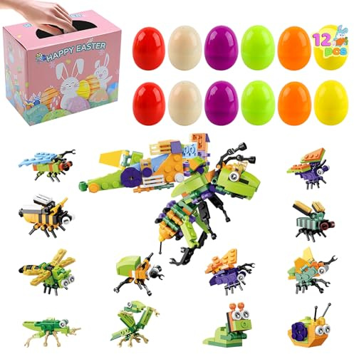 dellyy Huevos de Pascua, 12 Piezas Huevos Sorpresa, Huevos Pascua Plastico con Bloques de Construcción de Insectos, para Caza de Pascua, Regalos para Niños y Recuerdos de Fiesta(Insectos)