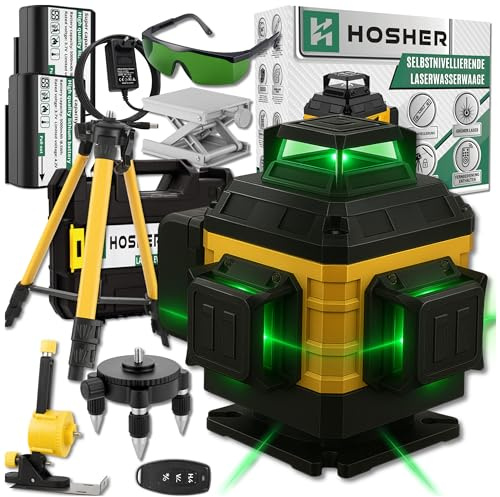 HOSHER Kreuzlinienlaser 4D 16 Linien, 4x 360° Linienlaser Kreuzlaser Grün Selbstnivellierend, Laser Wasserwaage mit Stativ, 2 Akkus, Fernbedienung, Wandhalterung, IP54