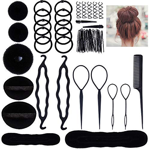 Licitn Frisurenhilfe Set, 70Pc Frisuren Zubehör für Unsterschiedliche Haarestyle, Duttkissen, Flechthilfe Haare für DIY Haarstyling Magie Hair Accessories und Friseur Zubehör für Mädchen Schwarz