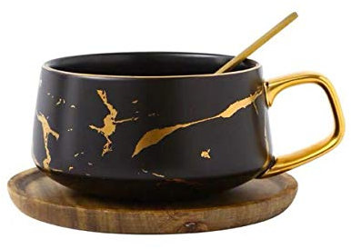 Eplze YBK Tech Porcelain Tea Cup Coffee Mug Set for Afternoon Tea - Marble Pattern (Black, Short 300ml + Wood Saucer)
