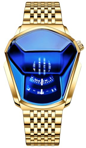 RORIOS Mode Herren-Armbanduhr, Quarz, Analog, Armbanduhr, Edelstahl, kreativ, Armbanduhr für Herren, sportlich, goldfarben, blau, B, Armband, Gold, Blau, B, Armband