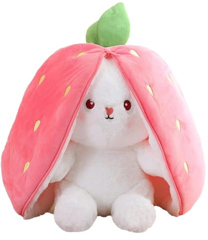 Zaloife Hase Plüschtier Verstecken Rosa, Plush Hasen Erdbeeren 24cm, Stofftier Plüsch Hasen Versteckspiel, Kuscheltier Osterhase Puppe Geschenk für Kinder
