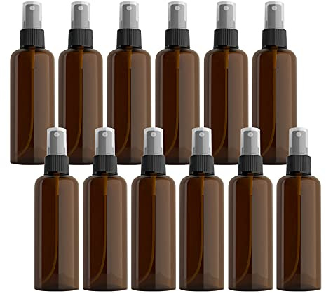 ZEOABSY 12 Pezzi 100ml Flaconi Spray Vuoti, Bottiglie Spray Marrone Plastica Fine Nebbia Bottiglia Set da Viaggio, Flacone Spray Atomizzatore Vuoto con Pompa Nero, Alcool Profumo Sprayper