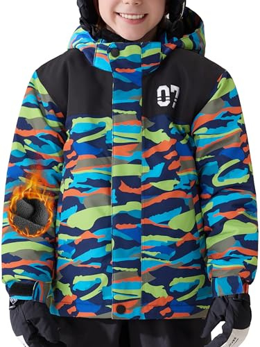 FREE SOLDIER Boys Girls Waterproof Ski Jacket Fleece Lined Warm Winter Snow Coat Kids Winter Jacket with Detachable Hood(Summit Stripe,8-9/Boy)