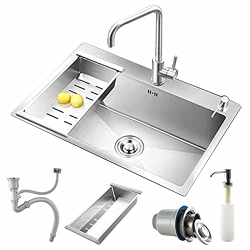 HGTRH Fregadero Cocina 1 Seno Y Escurridor, Fregadero De Cocina Barato Incluyendo El Juego De Rebosadero Y Desagüe con Ajustable Cesto De Fregadero, Dispensador De Jabón Y Sifón
