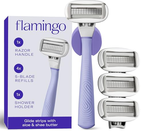 Flamingo Shaving Razor Set for Women - Original Razor Handle, 4 Blade Refills, and Shower Holder - Lilac