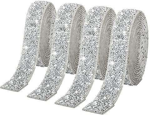 4 Rolls Silver Resin Rhinestone Ribbons Self-Adhesive Crystal Ribbon Roll Glitter Resin Diamond Belt Bling Sparkling Diamond Ribbon Bling Stickers Wrap Crystal Roll for DIY Arts Crafts,20mm
