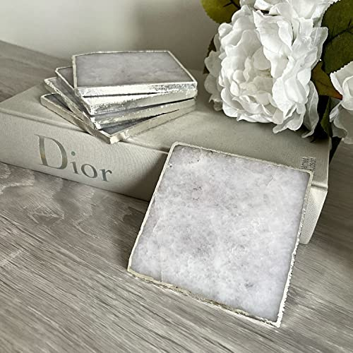 Posavasos de cristal - Cuarzo blanco y plateado - Cuadrado - Juego de 2