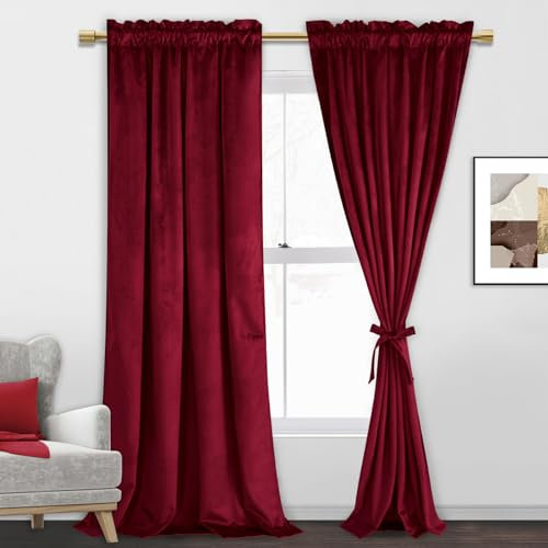 JIUZHEN Velvet Curtains Blackout Extra Long Curtains for Sliding Door Noise Reducing & Privacy Protect Modern Home Deco Drapes for Party/Indoor Decorations, W52 x L120, Set of 2, Wine Red