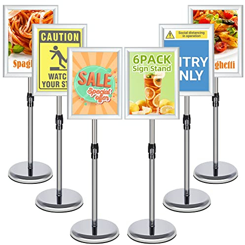 VAIIGO 6 Stück Infoständer DIN A4 | Höhenverstellbar & drehbar Aluminium Plakatständer Posterständer | Kundenstopper, Werbeständer, Aufsteller für Menü,Büro,Events & Werbung | Silber