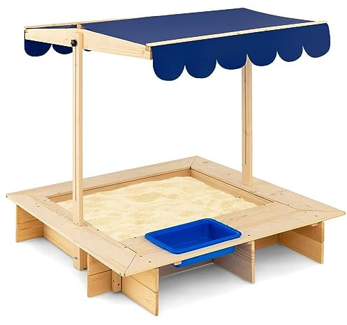 DREAMADE Sandkasten Sandbox mit absenkbarem Dach, Sandkiste aus Holz mit seitlichem Waschbecken und Sitzbank, für Garten Strand Outdoor 115x115x121cm