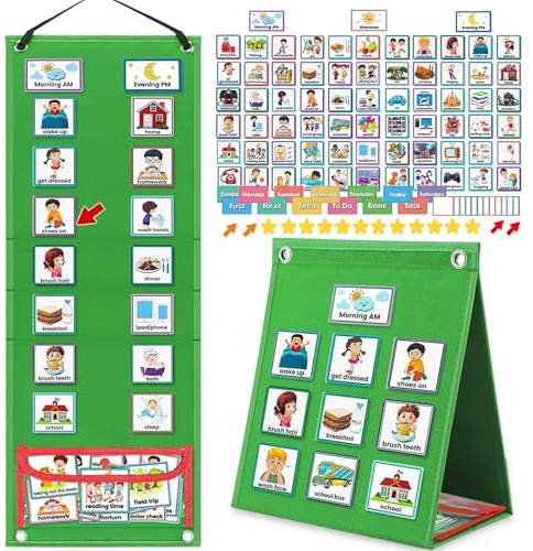 ALSLEA Visual Schedule for Kids with Autism Chore Chart for Kids Daily Routine Chart Autism Learning Materials Toddler Planning Board Visual Schedule for Classroom, Home with 124 Cards (Green)