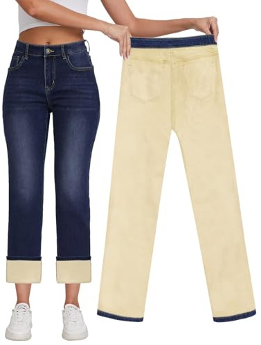 KDF Damen Fleece Gefüttert Jeans Frauen Hohe Taille Straight Leg Jeans Winter Fleece Gefüttert Jean Pants, Marineblau (Fleece gefüttert), 48