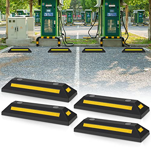 Ikodm 4x Butées Roues Parking Réflecteurs 54 x 9 x 15 cm Butoir Parking en Caoutchouc- Butées de Roues pour Parking et Garage - Butée d'Aide au Stationnement