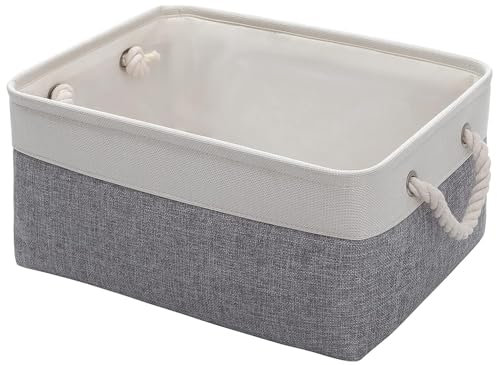 Patvingot Storage Baskets 14.1” x 10.2” x 7” for Shelves,Canvas Storage Boxes with Handles, Fabric Storage Bins for Organizing Home and Clothes, Office(Medium- 1 Pack, White/ Grey)