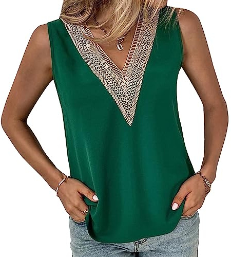 Camiseta sin Mangas Mujer Top con Cuello en V Tops de Encaje Camisa Verano Camisetas Sexy Blusa Casual Cami Tank Tops Suelta Informal Playa