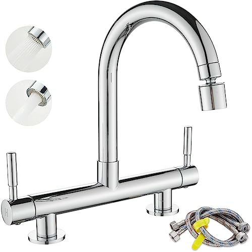 Maynosi 2 Hole Kitchen Sink Mixer Tap, Bridge Kitchen Mixer Taps, Dual Levers Faucet with 2 Function Sprayer, 360° Swivel Spout, 180 mm Centers Deck Mounted, Include UK Standard Tails, Brass, Chrome