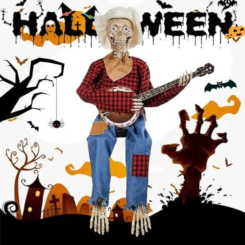 Mikqky Halloween-Banjo-Schädel, Banjo-Schädel-Ornament, Gruseliges Banjo-Skelett, Cowboy-Banjo-Schädel, Halloween-Totenkopfdekorationen, Für Halloween-Partys, Spukhäuser, 15,7 x 3,9 x 1,8 Zoll(Rot)