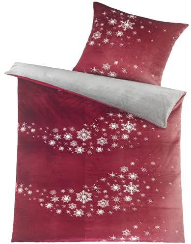 KH-Haushaltshandel Winter Wende Bettwäsche Cashmere Touch, 135x200+80x80cm, rot grau, Sterne, Fleece, Plüsch Teddy Flausch (CashmeRotSterne)