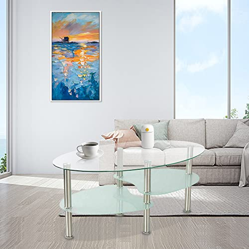 Willonin Couchtisch aus Hartglas, schlicht und elegant, Couchtisch für Wohnzimmer mit Beinen aus Metall, Couchtisch, oval, mit 2 Einlegeböden (transparent + weiß)