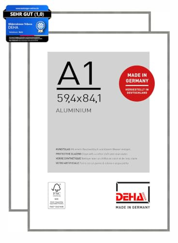 DEHA Design Aluminium Bilderrahmen Tribeca, 59,4x84,1 cm (A1) 2er Set, Grau | Aluminium Posterrahmen im Hoch- & Querformat zum Aufhängen Grau gebürstet bruchsicheres Kunstglas