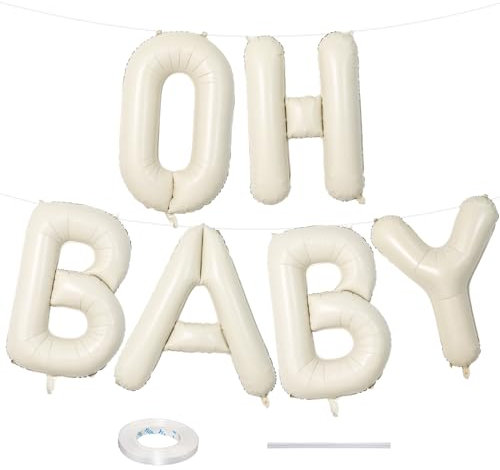 40 Inch Beige OH BABY Balloon for Baby Shower - Large Cream White Letters With Ribbon - Neutral Ivory Alphabet Banner Sign for Gender Reveal Backdrop Party Decorations