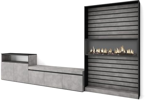 Skraut Home | Wohnwand Wohnzimmer | Wohnzimmermöbel, Möbelset | 360x186x35cm | Für TV-Geräte bis zu 65 | Elektrokamin | Moderner Stil | Zement