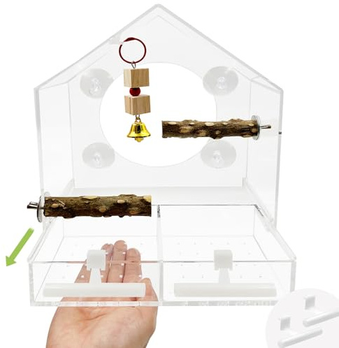 Snail Garden Extra großes Fenster-Vogelfutterhaus mit 1 STK. knabbernden Holzschnüren&2 STK. stehenden Pfeffersäulen, Vogelhäuschen mit herausnehmbarem Saatgutbehälter, Acryl-Saugvogelfutterhaus