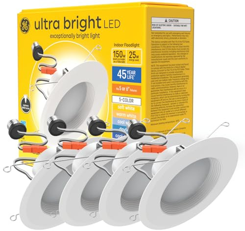 GE Ultra Bright LED Recessed Downlight Fixture, RS6 Indoor Floodlight, 6-Inch, Multiple Color Temperatures, 150 Watt Replacement (4 Pack)