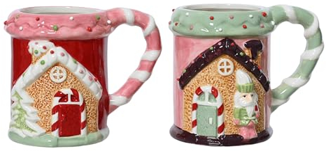 Kaemingk Tasse Lebkuchenhaus 11cm x 1 Stück Sortiert - handgemachte Keramik Teetasse mit Henkel - Keramiktasse als Weihnachtstasse Teebecher Kaffeetasse - Tassen & Becher als Geschenk - Rosa Grün