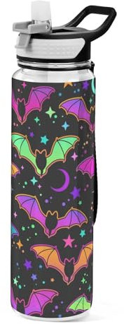 Mnsruu Transparente Sport-Wasserflasche mit Strohhalm, auslaufsichere Trinkflasche, violett, helle Fledermaus-Gothic-Fahrradflaschen für Sport, Büro, Schule, BPA-freier Tritan-Kunststoff, 1 Liter