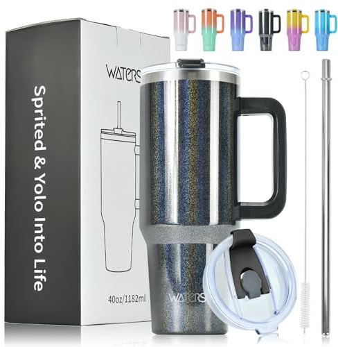 WATERSY 1182ml Gobelet à Café à Emporter, Double Paroi en Acier Inoxydable, Anti-fuite, Avec Poignée et Paille, Chaudes Pendant 12 Heures et Froides Pendant 24 Heures, Noir Brillant