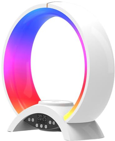 Kabelloses Ladegerät mit Lautsprecher, Stimmungslicht – Lampe Lautsprecher 4 in 1, Lampe, kabelloses Ladegerät, mit Wecker, Stimmungslicht für Nachttisch