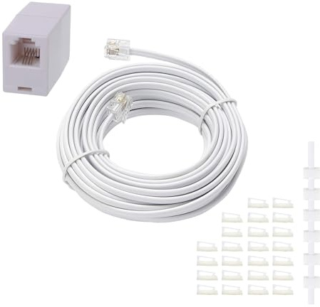 HAWAKA Phone Extension Cord 10 Metres, 33 Feet Long Telephone Cable with Standard RJ11 Plug and 1 in-Line Couplers and 20 Cable Clip Holders