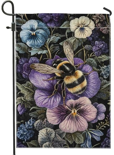 Bandera de jardín floral de abejas de primavera y verano, flores de pensamiento violeta, pancarta de decoración al aire libre, bandera de arpillera de doble cara, decoración de césped de temporada, 12