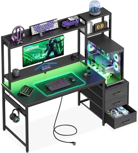 Coleshome Gamingbord med Hylla och Lådor, Gamingbord med LED-belysning & Eluttag, PC-bord med Förvaringshyllor (Svart kolfiber, 120x48cm)