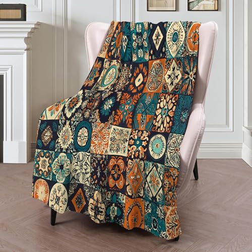 MLSOWM Coperta Plaid in Flanella Motivo Patchwork Geometrico, Coperta Pile Stile Bohémien, Microfibra Copertina di Peluche Divano per camera da letto, soggiorno, ufficio, Verde-130x150cm