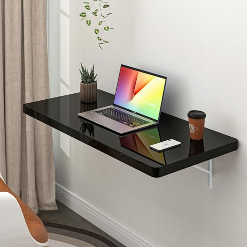Clikuutory Wall Mounted High Gloss Folding Table, Wall Desk Fold Down for Small Spaces, Folding Workbench for Laundry Room, Home Office, Kitchen, Bedroom, Home Bar, Black(31.5×15.7)