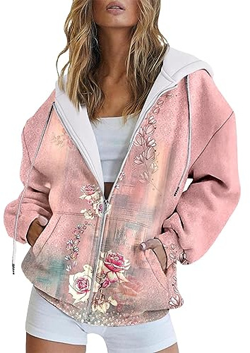 Uwdiohq Automne Et Hiver Chaud Coloré Rétro Fleur Imprimé Poche Décontractée À Manches Longues Cordon Capuche Veste Fermeture Éclair Dames Plaid Adulte Sweat Femme Sweat Shirt Léger Femme