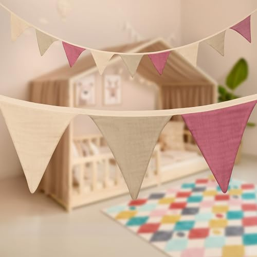 Mooskind Wimpelkette Stoff [in 3 Farben] – Girlande Kinderzimmer aus 100% Bio-Baumwolle – Handmade Wanddeko für Babyzimmer & Hausbett – Wimpelgirlande für Mädchen & Jungen – Musselin Deko