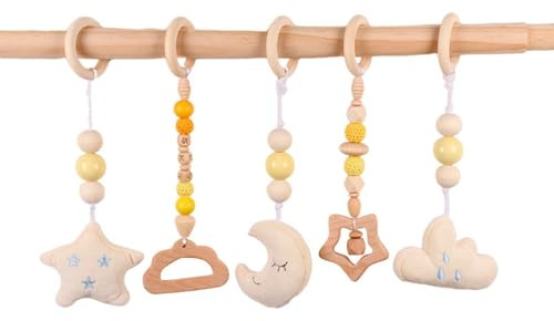 Xiyocadt Baby Spielbogen Holz, 5 Stücke Spielbögen Baby Gym Anhänger, Holz Spielbogen, Holzspielzeug zur Gehirnentwicklung (27cm,Beige)