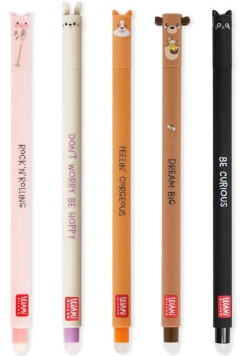 Legami – Set mit 5 löschbaren Gelstiften mit thermosensitiver Radier-Tinte, verschiedene Farben und Gehäusedesigns, 0,7 mm Spitze, Schwein, Hase, Corgi, Teddybär, Katze
