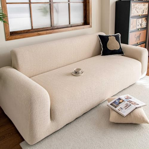 Generisch Sofaschoner Elastisch Alles inklusive, Couch Überzug Stretch, Polarfleece Universeller Bezug Sofa, 1 2 3 4 5-Sitzer Sofa Überzug Cord Waschbar Sofaüberwurfe Sofadecke,Beige,305to350cm