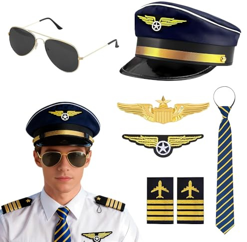 Foreverup 7 Stück Pilot Kapitän Kostüm Zubehör, Pilot Kostüm Kit mit kapitänsmütze, Pilot Set Kapitän, Flieger kostüm herren Mit Pilot Kapitän Hut Pin Krawatte Abzeichen Schulterriemen Sonnenbrille